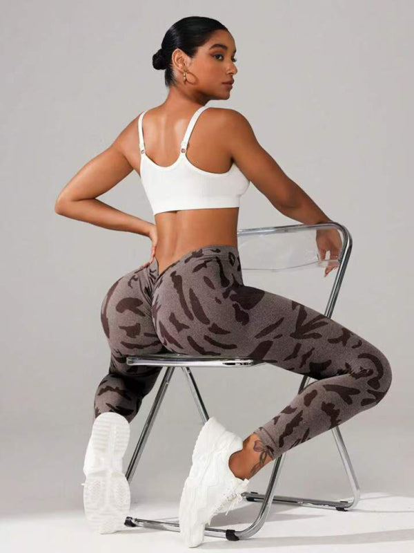 V-Waist Camouflage Peach Hip Sports Trousers – Seamless Yoga & Fitness Pants