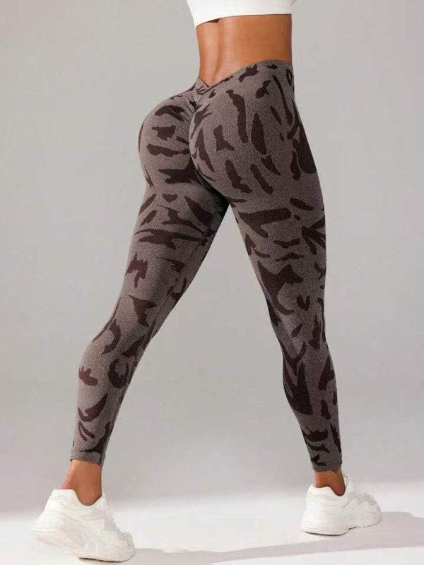 V-Waist Camouflage Peach Hip Sports Trousers – Seamless Yoga & Fitness Pants