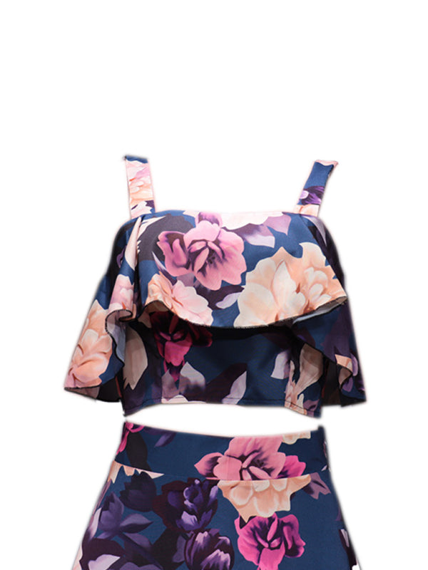 Fashionable holiday style camisole top with printed ruffle skirt two-piece set