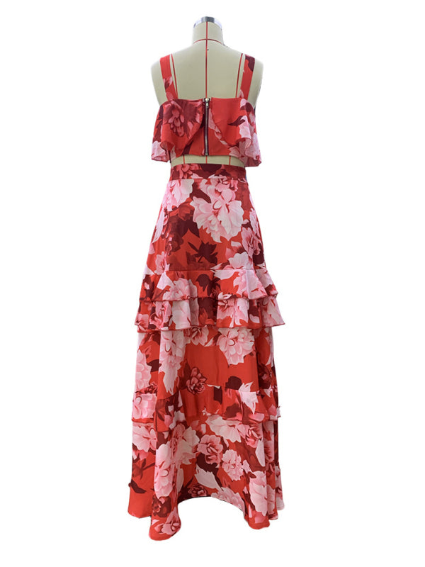 Fashionable holiday style camisole top with printed ruffle skirt two-piece set