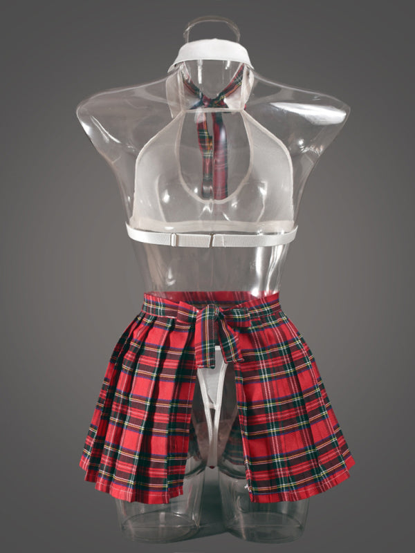 Role Play Plaid Pleated Skirt Sexy Lingerie Multi-Piece Set