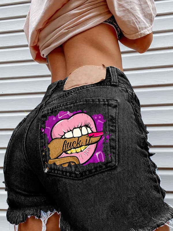 Lips Biting Finger Print Fashion Ripped Denim Shorts