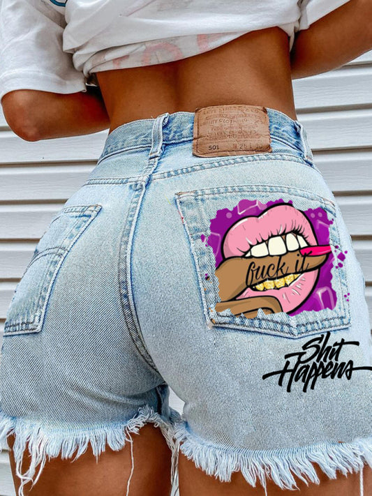 Lips Biting Finger Print Fashion Ripped Denim Shorts