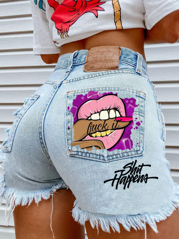 Lips Biting Finger Print Fashion Ripped Denim Shorts