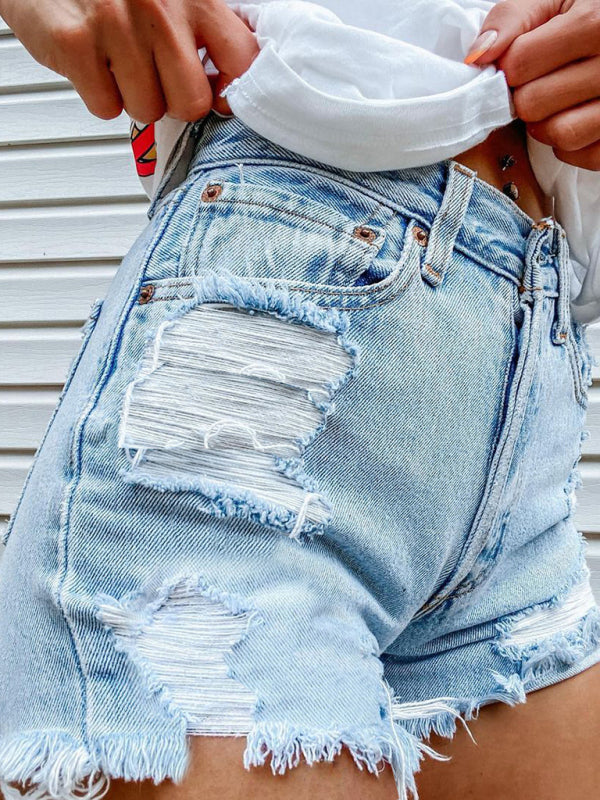 Lips Biting Finger Print Fashion Ripped Denim Shorts