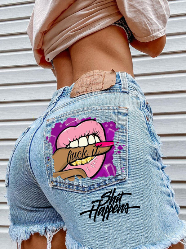 Lips Biting Finger Print Fashion Ripped Denim Shorts