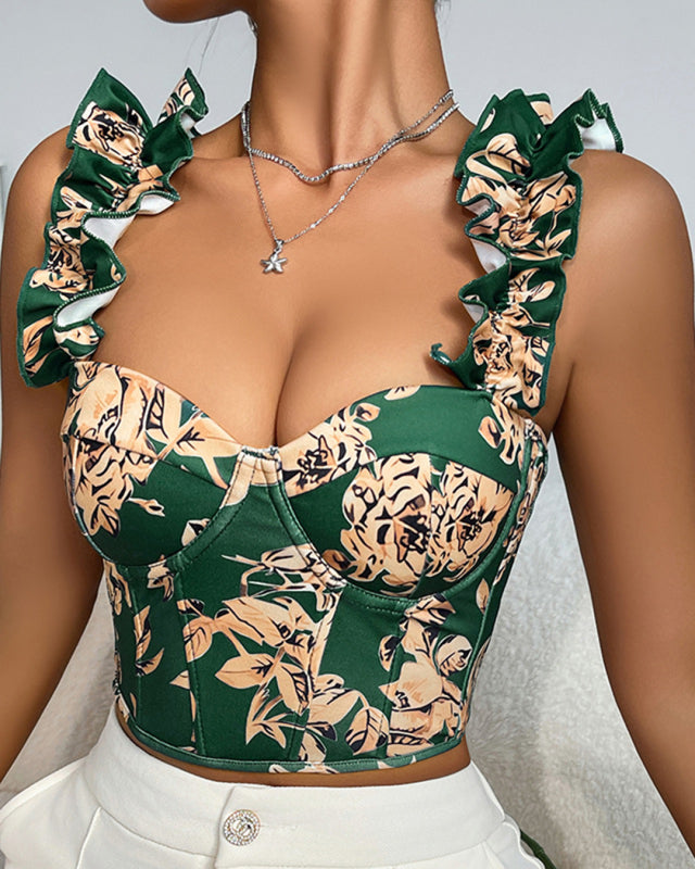 New V-neck sexy print with breast pads, fishbone slimming and beautiful back strap top