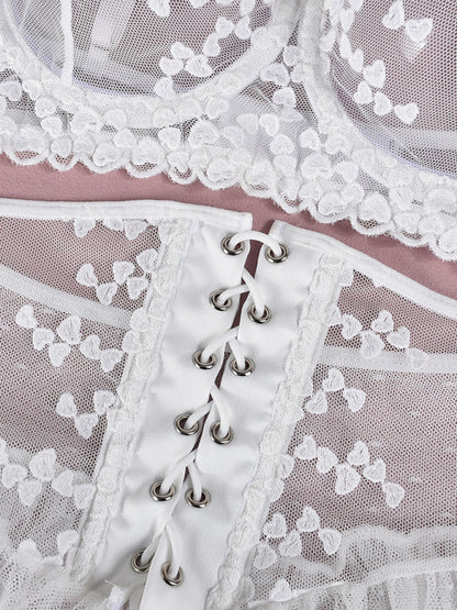 Embroidered lace-up waist-slimming multi-layered mesh skirt underwear set