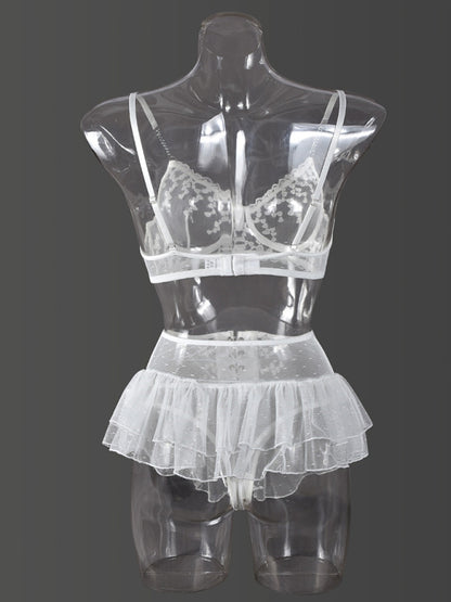 Embroidered lace-up waist-slimming multi-layered mesh skirt underwear set