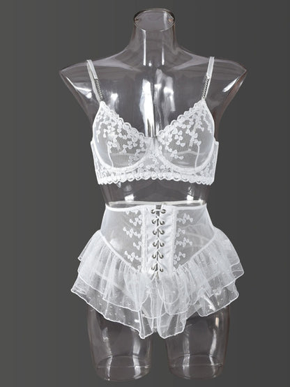 Embroidered lace-up waist-slimming multi-layered mesh skirt underwear set