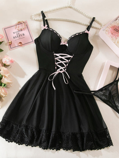 Lace Stitching Nightdress Set – Two-Piece Dress with Bow Ribbon Detailing