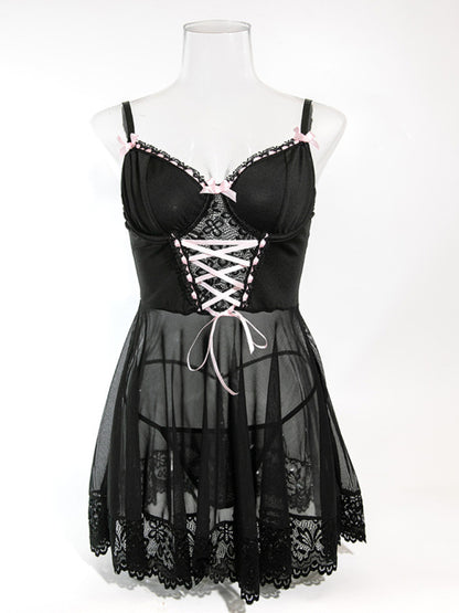 Lace Stitching Nightdress Set – Two-Piece Dress with Bow Ribbon Detailing