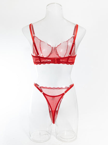 New hollow perspective gathered sexy wave lace underwear set