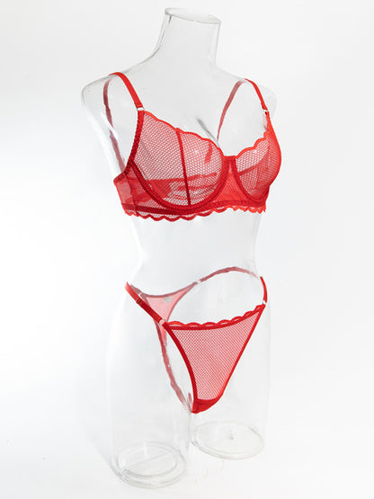 New hollow perspective gathered sexy wave lace underwear set