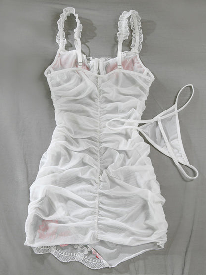 Sexy suspender dress embroidered flowers mesh see-through pleated two-piece set