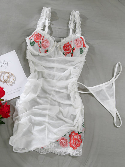 Sexy suspender dress embroidered flowers mesh see-through pleated two-piece set