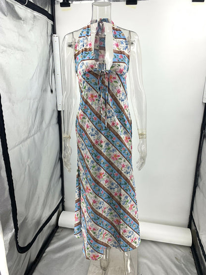 Sexy Printed Halter Backless V Neck Dress
