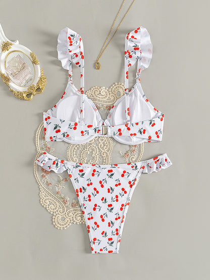 Cherry print ruffled holiday white bikini