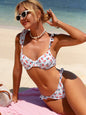Cherry print ruffled holiday white bikini