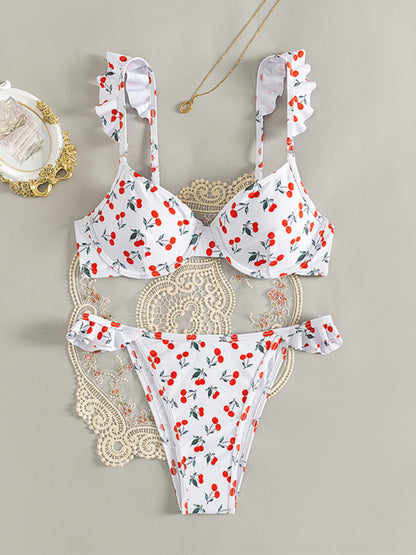 Cherry print ruffled holiday white bikini