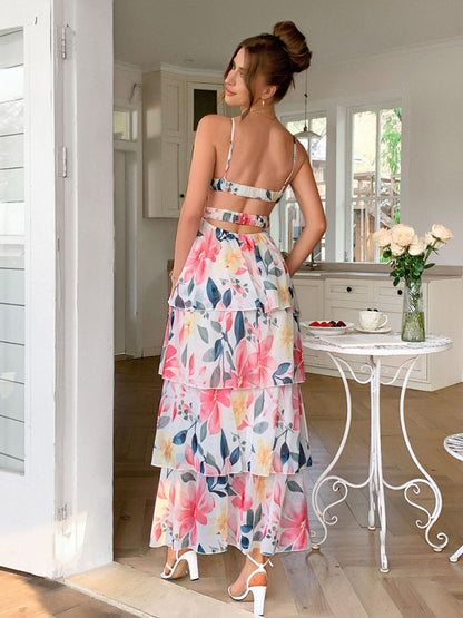 Elegant style suspender printed layered dress