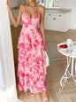 Elegant style suspender pink flower pattern layered dress