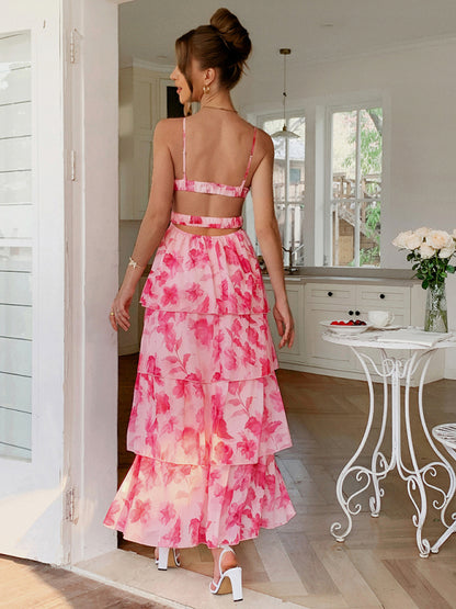 Elegant style suspender pink flower pattern layered dress