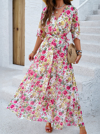 Holiday White Printed Tie-Strap Maxi Dress