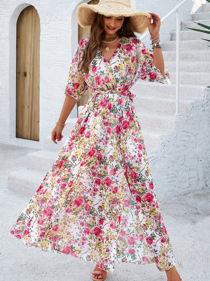 Holiday White Printed Tie-Strap Maxi Dress