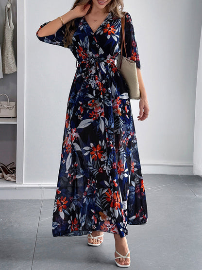 Holiday black printed tie maxi dress