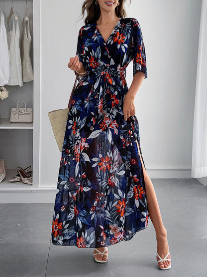 Holiday black printed tie maxi dress