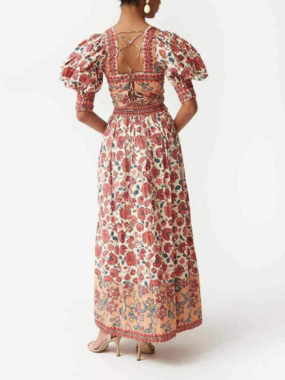 Casual Print Top Square Neck Skirt Two-Piece Set