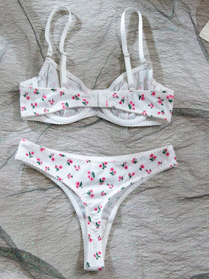 Sexy pastoral floral knitted lingerie set