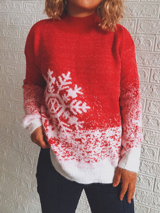 Women's Half Turtleneck Long Sleeve Snowflake Color block Knit Christmas Sweater