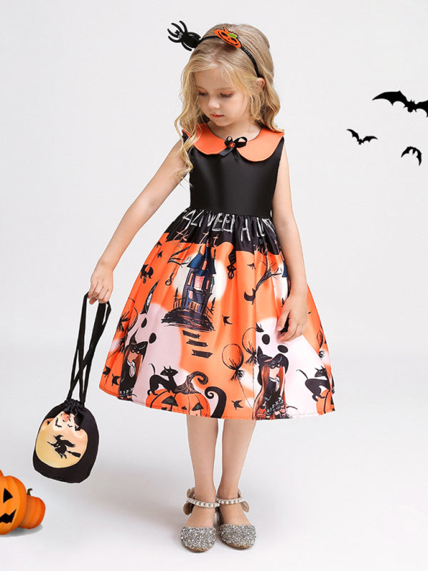 Halloween children's clothing, girls cosplay witch pumpkin performance dress princess dress