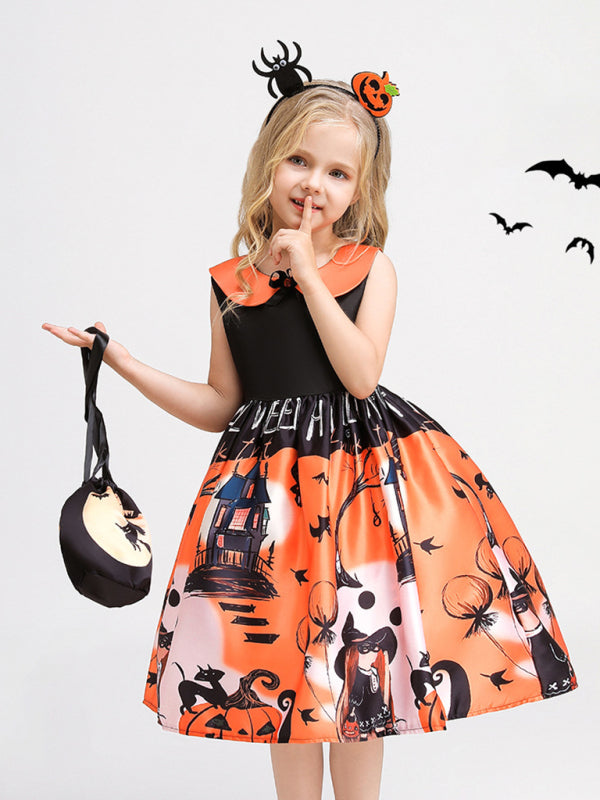 Halloween children's clothing, girls cosplay witch pumpkin performance dress princess dress