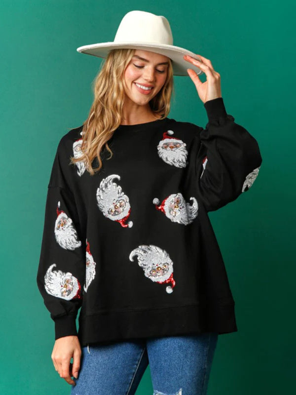 Sequin Santa Patterned Knit Sweatshirt