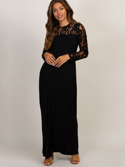 New European and American fashion solid color maternity lace hollow long sleeve dress long dress - Hiccupzz