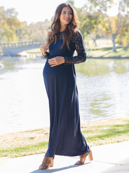 New European and American fashion solid color maternity lace hollow long sleeve dress long dress - Hiccupzz