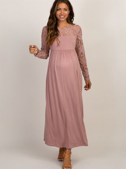 New European and American fashion solid color maternity lace hollow long sleeve dress long dress - Hiccupzz
