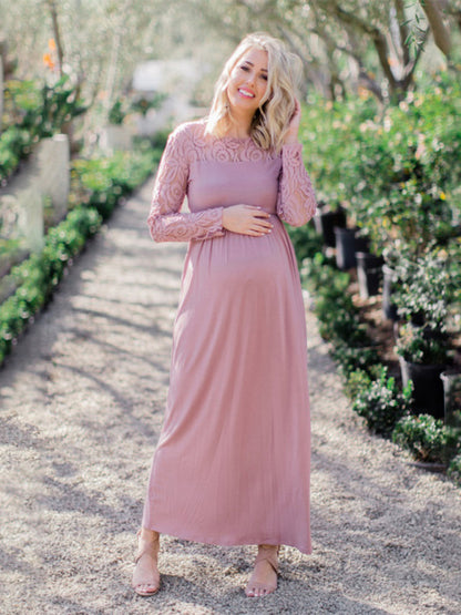 New European and American fashion solid color maternity lace hollow long sleeve dress long dress - Hiccupzz