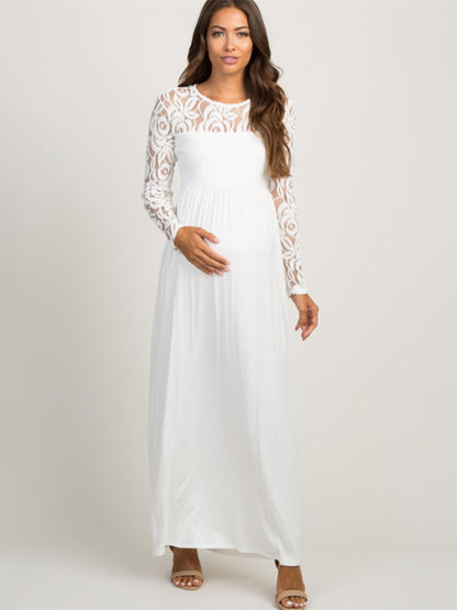 New European and American fashion solid color maternity lace hollow long sleeve dress long dress - Hiccupzz