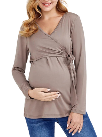 European and American solid color nursing V-neck long-sleeved maternity dress - Hiccupzz