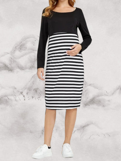 Maternity long sleeve striped round neck dress - Hiccupzz