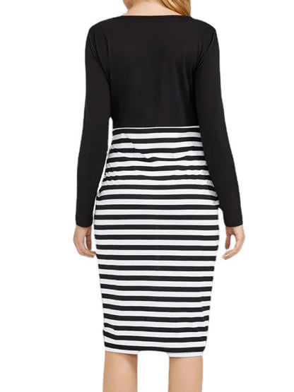 Maternity long sleeve striped round neck dress - Hiccupzz