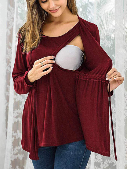 Long Sleeve Tie Breastfeeding Maternity Round Neck Top - Hiccupzz