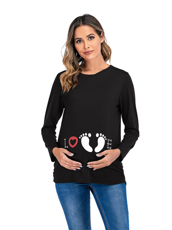 Women's Round Neck Small Feet Print Maternity Top