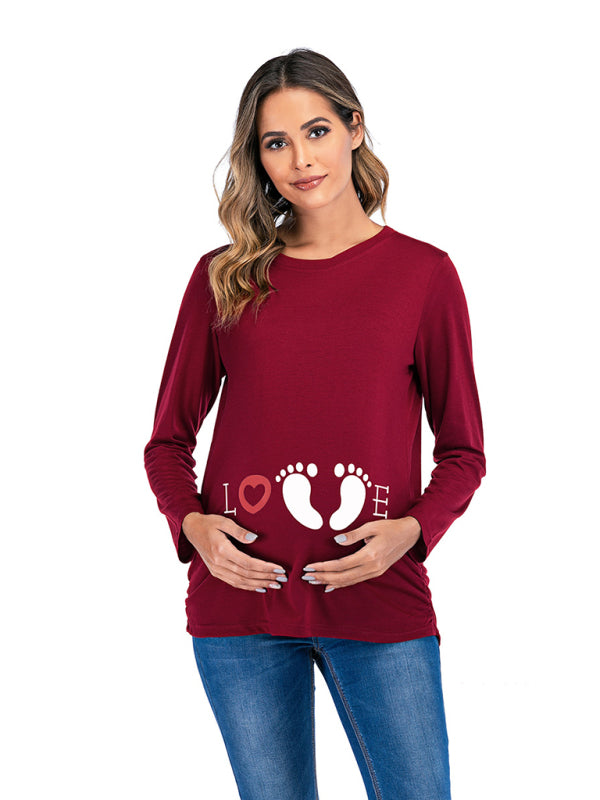 Women's Round Neck Small Feet Print Maternity Top