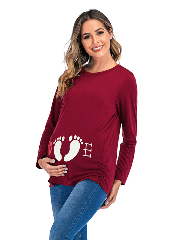 Women's Round Neck Small Feet Print Maternity Top