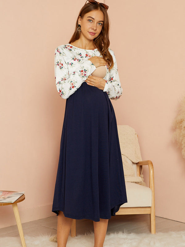 Maternity clothes-Knit Print Color Contrast Mid-Length Nursing Dress